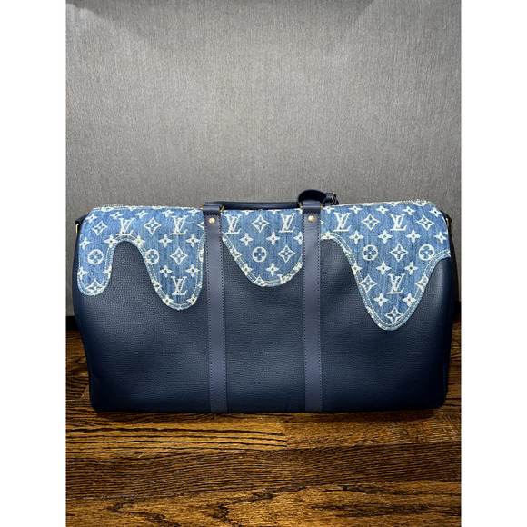 Louis Vuitton Keepall Bandouliere 50 Nigo Blue Denim Drip Monogram Weekend Bag - Picture 8 of 12